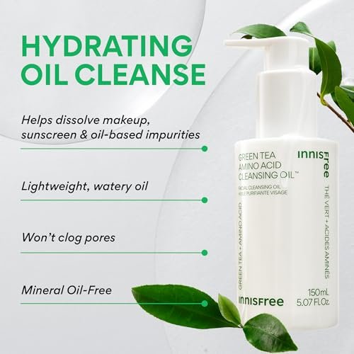 innisfree Green Tea Amino Acid Cleansing Oil – Hydrating Face Wash & Makeup Remover with Jojoba, 5.07 Fl Oz Avelisse