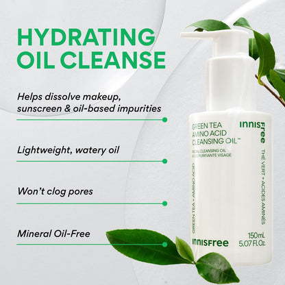 innisfree Green Tea Amino Acid Cleansing Oil – Hydrating Face Wash & Makeup Remover with Jojoba, 5.07 Fl Oz Avelisse