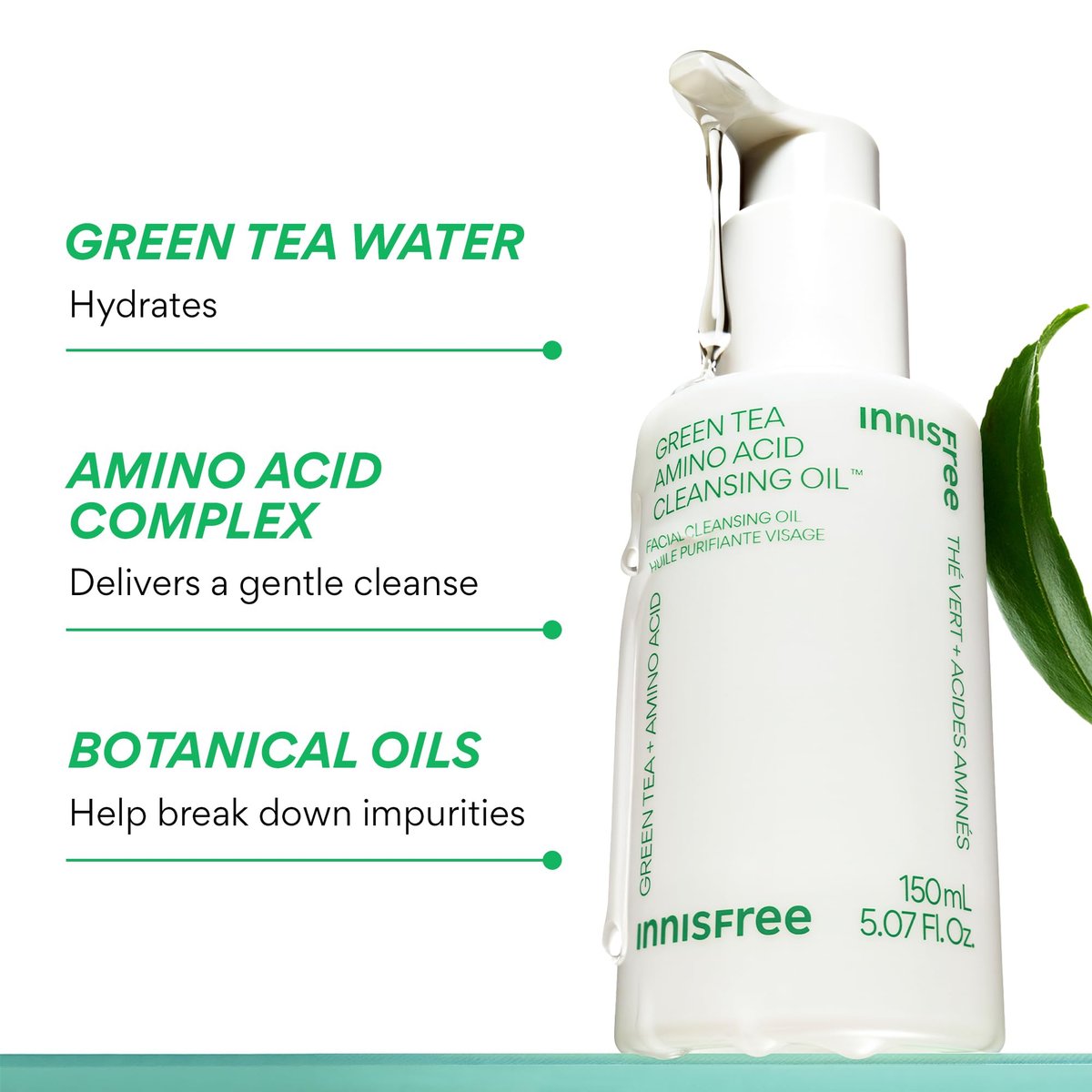 innisfree Green Tea Amino Acid Cleansing Oil – Hydrating Face Wash & Makeup Remover with Jojoba, 5.07 Fl Oz Avelisse
