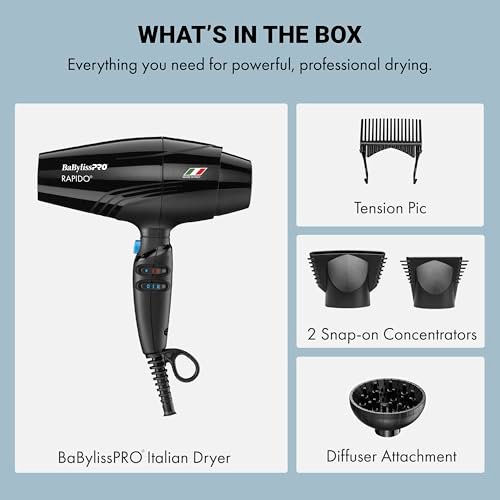 BaBylissPRO Nano Titanium Rapido 2000-Watt Hair Dryer – Professional Black Blow Dryer for Fast, Frizz-Free Styling Avelisse