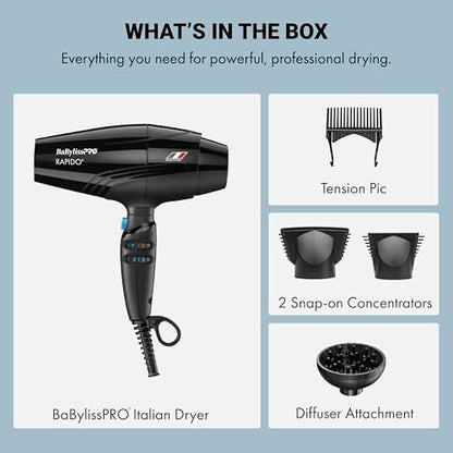 BaBylissPRO Nano Titanium Rapido 2000-Watt Hair Dryer – Professional Black Blow Dryer for Fast, Frizz-Free Styling Avelisse