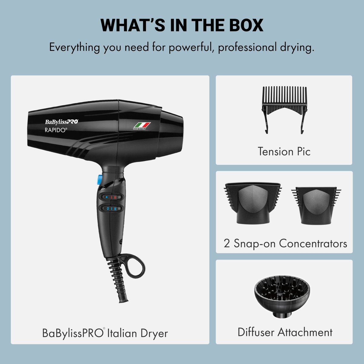 BaBylissPRO Nano Titanium Rapido 2000-Watt Hair Dryer – Professional Black Blow Dryer for Fast, Frizz-Free Styling Avelisse