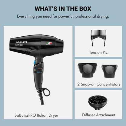 BaBylissPRO Nano Titanium Rapido 2000-Watt Hair Dryer – Professional Black Blow Dryer for Fast, Frizz-Free Styling Avelisse