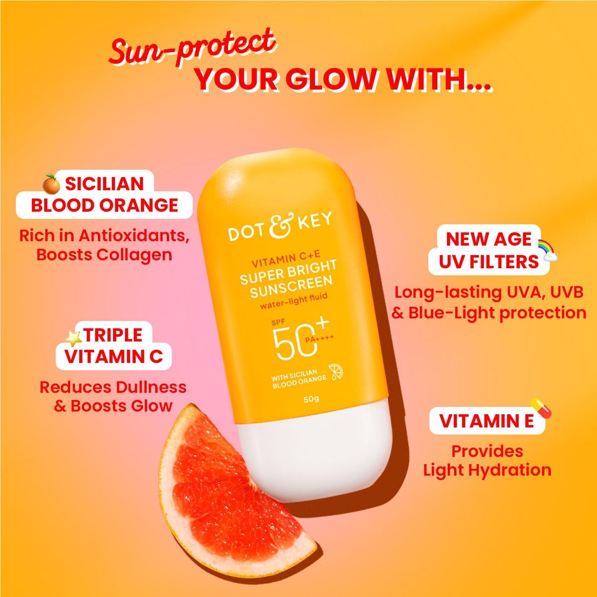 DOT & KEY Vitamin C + E Sunscreen SPF 50 | Water-Light Liquid Sunscreen for Face | UVA/UVB & Blue Light Protection | All Skin Types | 50g (1.76 oz) Avelisse