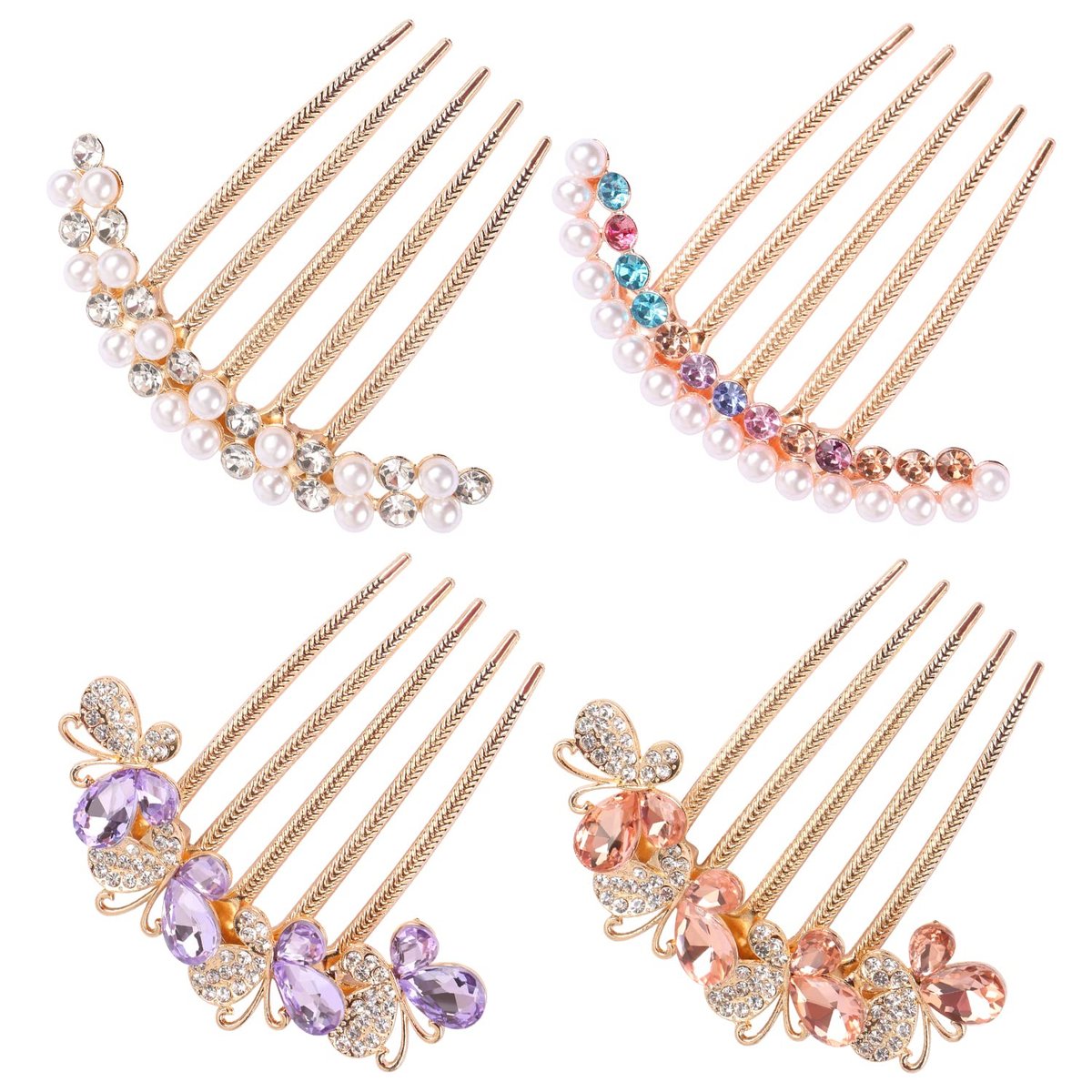 Pearl Rhinestone Butterfly Hair Fork Clips – Crystal French Twist Pins for Updo Buns, Vintage Styling Combs for Women & Girls (4-Pack, Colorful) Avelisse