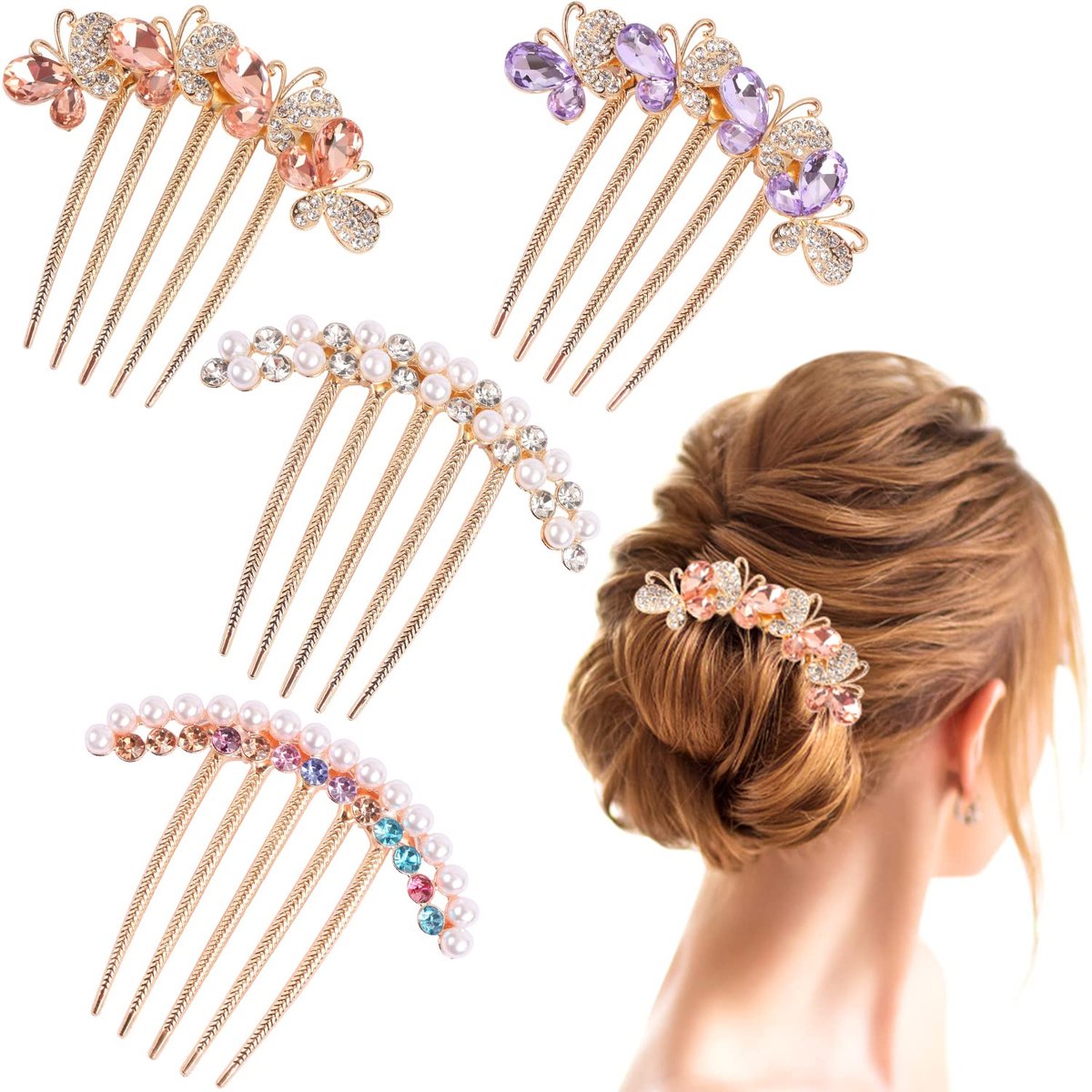 Pearl Rhinestone Butterfly Hair Fork Clips – Crystal French Twist Pins for Updo Buns, Vintage Styling Combs for Women & Girls (4-Pack, Colorful) Avelisse