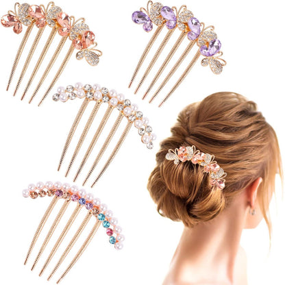 Pearl Rhinestone Butterfly Hair Fork Clips – Crystal French Twist Pins for Updo Buns, Vintage Styling Combs for Women & Girls (4-Pack, Colorful) Avelisse
