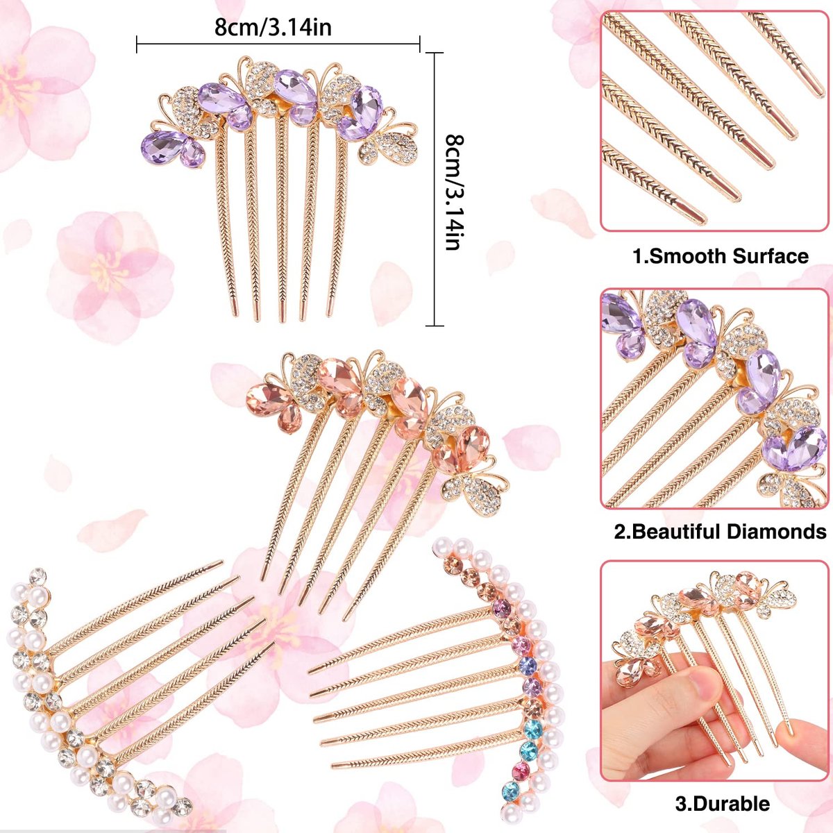 Pearl Rhinestone Butterfly Hair Fork Clips – Crystal French Twist Pins for Updo Buns, Vintage Styling Combs for Women & Girls (4-Pack, Colorful) Avelisse