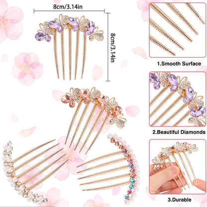 Pearl Rhinestone Butterfly Hair Fork Clips – Crystal French Twist Pins for Updo Buns, Vintage Styling Combs for Women & Girls (4-Pack, Colorful) Avelisse