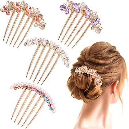 Pearl Rhinestone Butterfly Hair Fork Clips – Crystal French Twist Pins for Updo Buns, Vintage Styling Combs for Women & Girls (4-Pack, Colorful) Avelisse