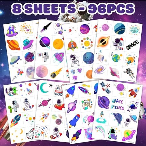 96PCS Galaxy Pre-Cut Temporary Tattoos for Kids - Outer Space Themed Birthday Party Supplies, Cute Stickers for Boys & Girls, Fun Party Favors, Classroom Prizes, Christmas Gifts - görsel 8