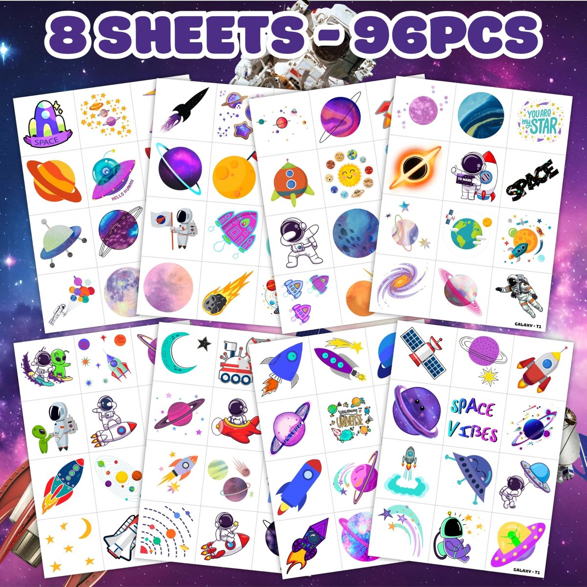96PCS Galaxy Pre-Cut Temporary Tattoos for Kids - Outer Space Themed Birthday Party Supplies, Cute Stickers for Boys & Girls, Fun Party Favors, Classroom Prizes, Christmas Gifts - görsel 7
