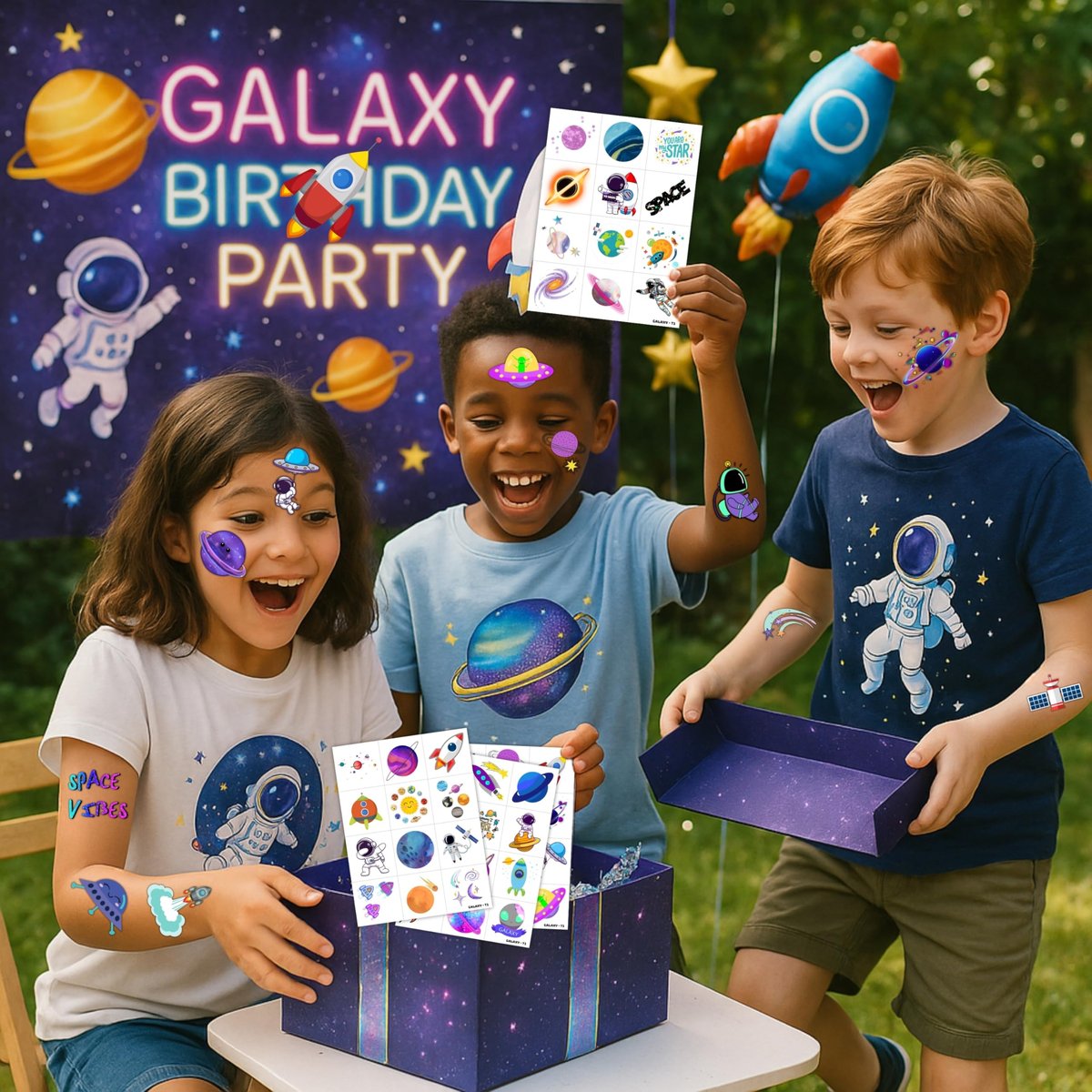96PCS Galaxy Pre-Cut Temporary Tattoos for Kids - Outer Space Themed Birthday Party Supplies, Cute Stickers for Boys & Girls, Fun Party Favors, Classroom Prizes, Christmas Gifts - görsel 5