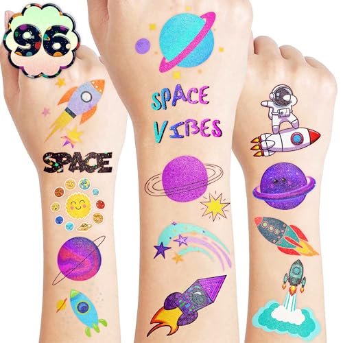 96PCS Galaxy Pre-Cut Temporary Tattoos for Kids - Outer Space Themed Birthday Party Supplies, Cute Stickers for Boys & Girls, Fun Party Favors, Classroom Prizes, Christmas Gifts - görsel 2