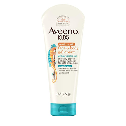 Aveeno Sensitive Skin Face & Body Gel Cream for Kids with Prebiotic Oat, Clinically Proven 24-Hour Hydration, Hypoallergenic, 8 oz