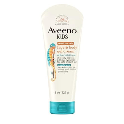 Aveeno Sensitive Skin Face & Body Gel Cream for Kids with Prebiotic Oat, Clinically Proven 24-Hour Hydration, Hypoallergenic, 8 oz
