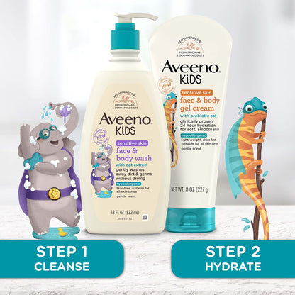 Aveeno Sensitive Skin Face & Body Gel Cream for Kids with Prebiotic Oat, Clinically Proven 24-Hour Hydration, Hypoallergenic, 8 oz
