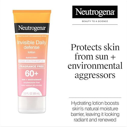 Neutrogena Invisible Daily Defense Fragrance-Free Sunscreen Lotion, SPF 60+, Broad Spectrum, Water-Resistant, 3.0 fl. oz