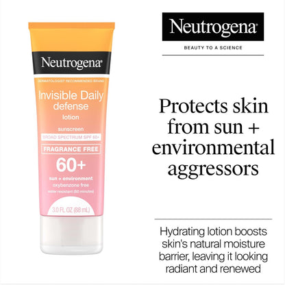 Neutrogena Invisible Daily Defense Fragrance-Free Sunscreen Lotion, SPF 60+, Broad Spectrum, Water-Resistant, 3.0 fl. oz