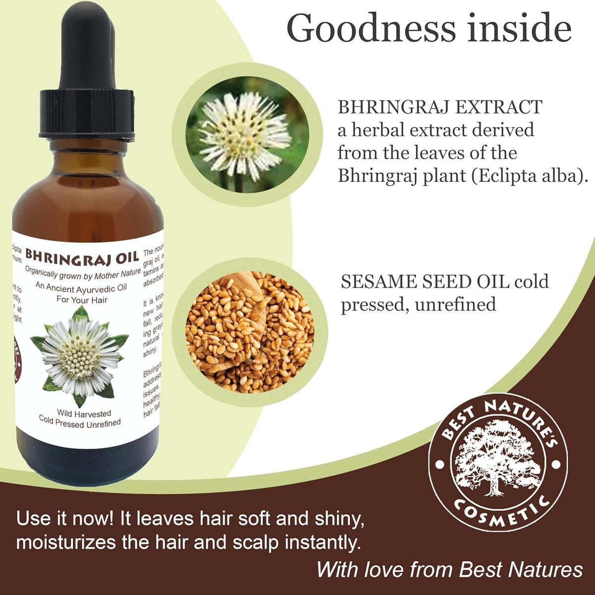 Best Nature's Bhringraj Oil – Pure Indian Eclipta Alba Oil for Hair Growth, Dandruff & Early Graying – Natural Scalp Cleanser – 2 fl oz Avelisse