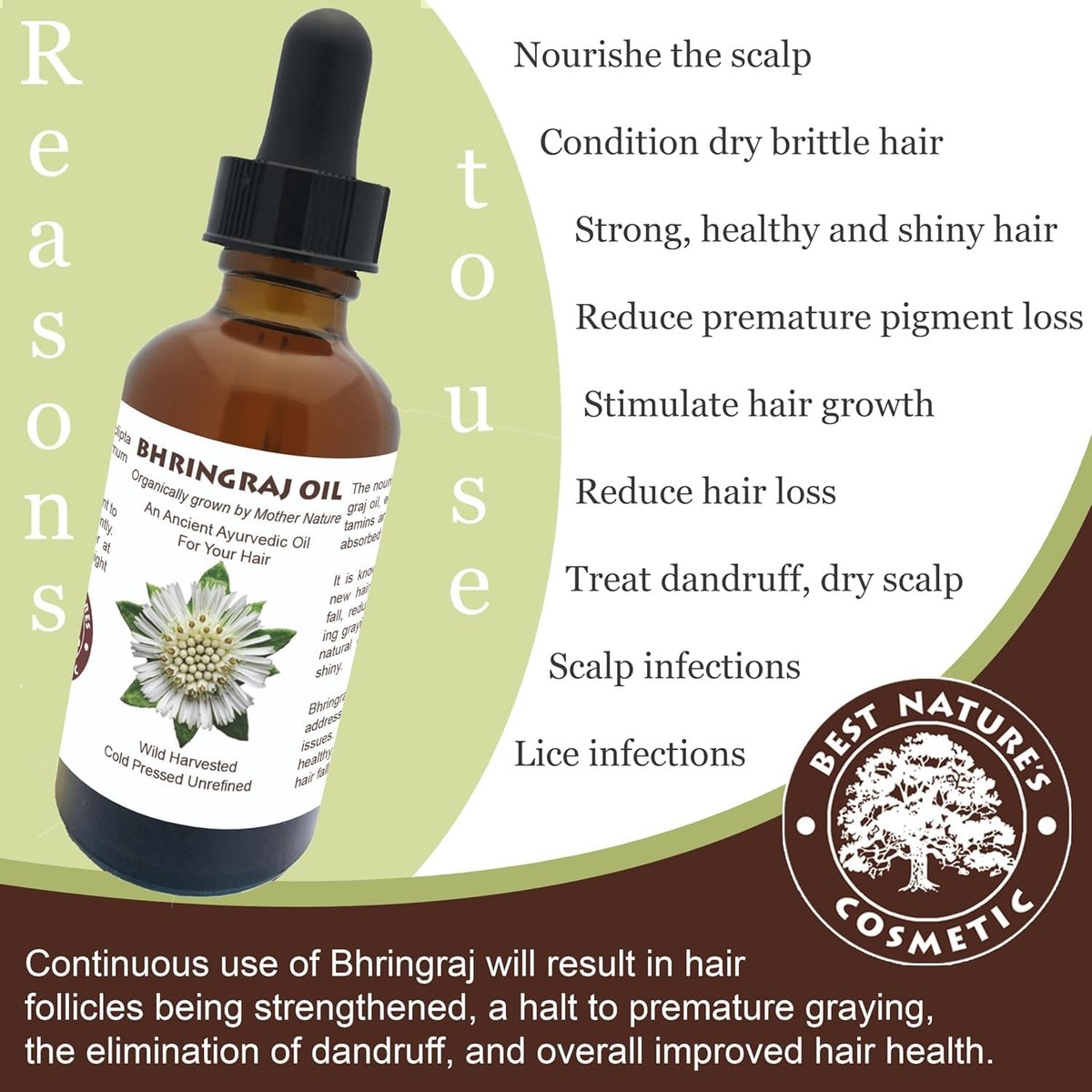 Best Nature's Bhringraj Oil – Pure Indian Eclipta Alba Oil for Hair Growth, Dandruff & Early Graying – Natural Scalp Cleanser – 2 fl oz Avelisse