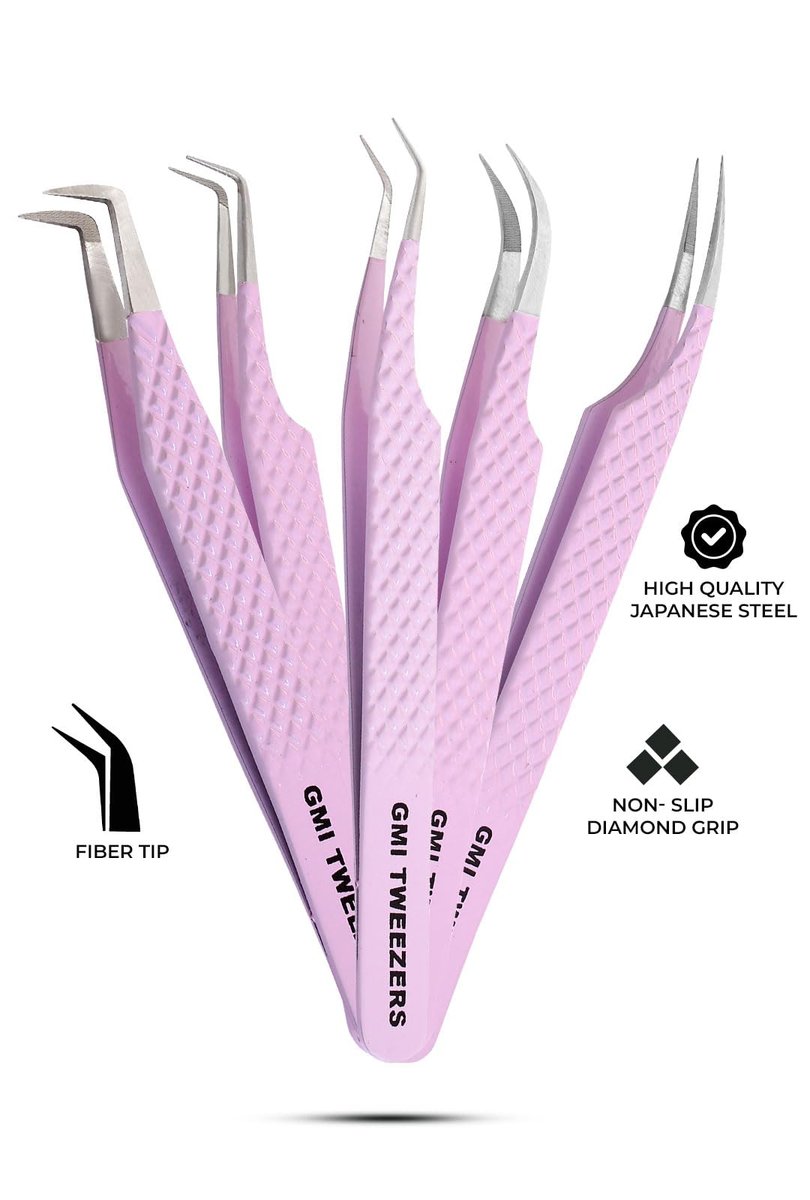 Professional Fiber Tip Lash Tweezers for Eyelash Extensions - Pink Stainless Steel Avelisse