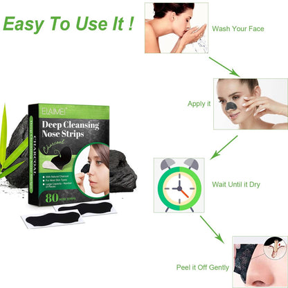 ELAIMEI Pore Strips, 80 Pcs, Natural Charcoal Blackhead Remover Strips for All Skin Types, Pore Deep Cleansing & Minimizing Nose Strips, Instant Unclogging