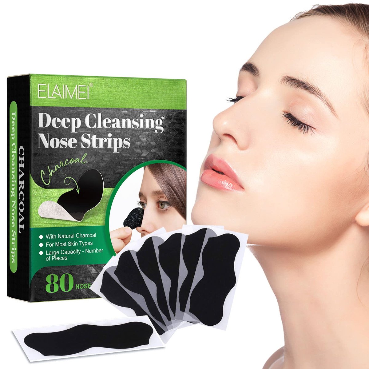 ELAIMEI Pore Strips, 80 Pcs, Natural Charcoal Blackhead Remover Strips for All Skin Types, Pore Deep Cleansing & Minimizing Nose Strips, Instant Unclogging - görsel 13