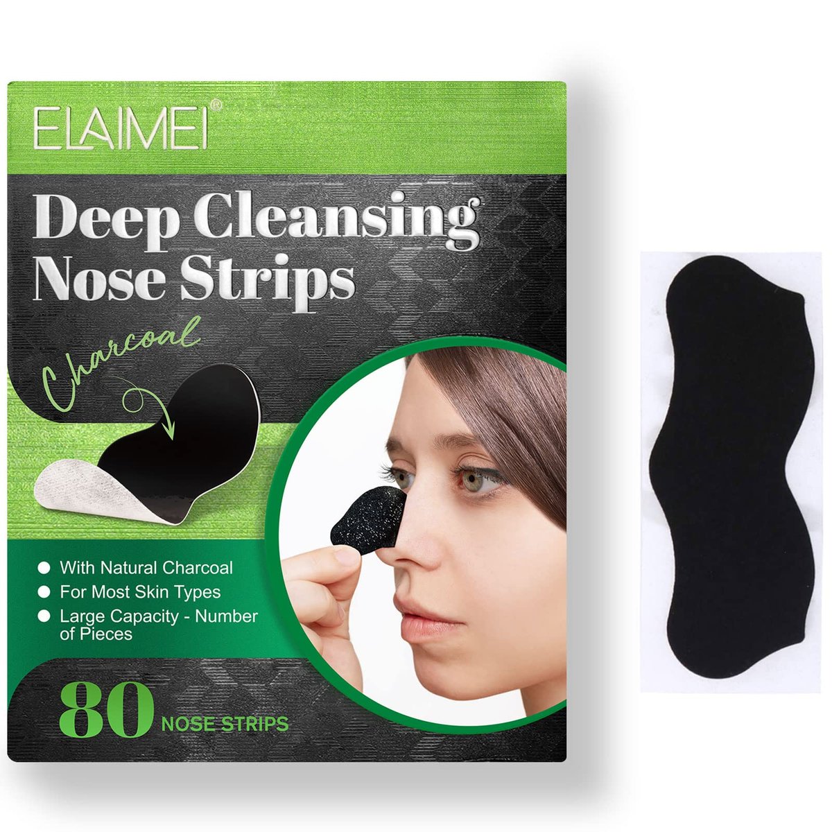ELAIMEI Pore Strips, 80 Pcs, Natural Charcoal Blackhead Remover Strips for All Skin Types, Pore Deep Cleansing & Minimizing Nose Strips, Instant Unclogging - görsel 1