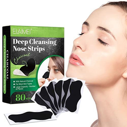 ELAIMEI Pore Strips, 80 Pcs, Natural Charcoal Blackhead Remover Strips for All Skin Types, Pore Deep Cleansing & Minimizing Nose Strips, Instant Unclogging