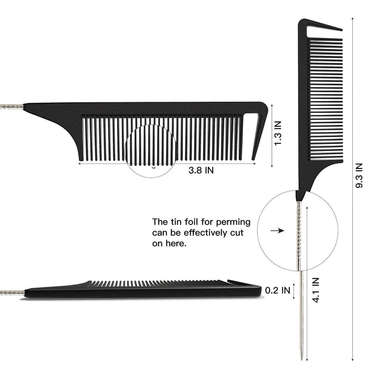 Yumflan Hair Comb - Rat Tail Comb for Braiding, Stainless Steel Pintail for Sectioning & Parting - Black - görsel 3