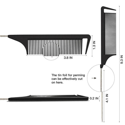 Yumflan Hair Comb - Rat Tail Comb for Braiding, Stainless Steel Pintail for Sectioning & Parting - Black