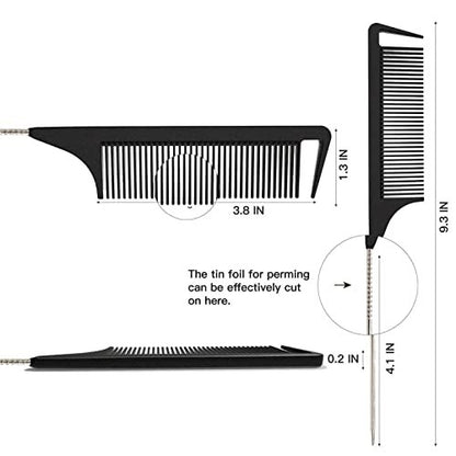 Yumflan Hair Comb - Rat Tail Comb for Braiding, Stainless Steel Pintail for Sectioning & Parting - Black