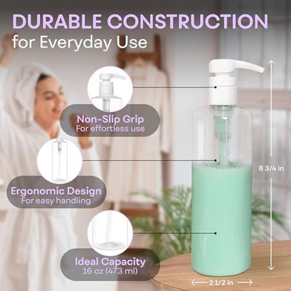 BRIGHTFROM Empty Lotion Pump Bottles 16 OZ, BPA-Free Refillable Containers, Plastic PET, 2 Pack (White Pump)