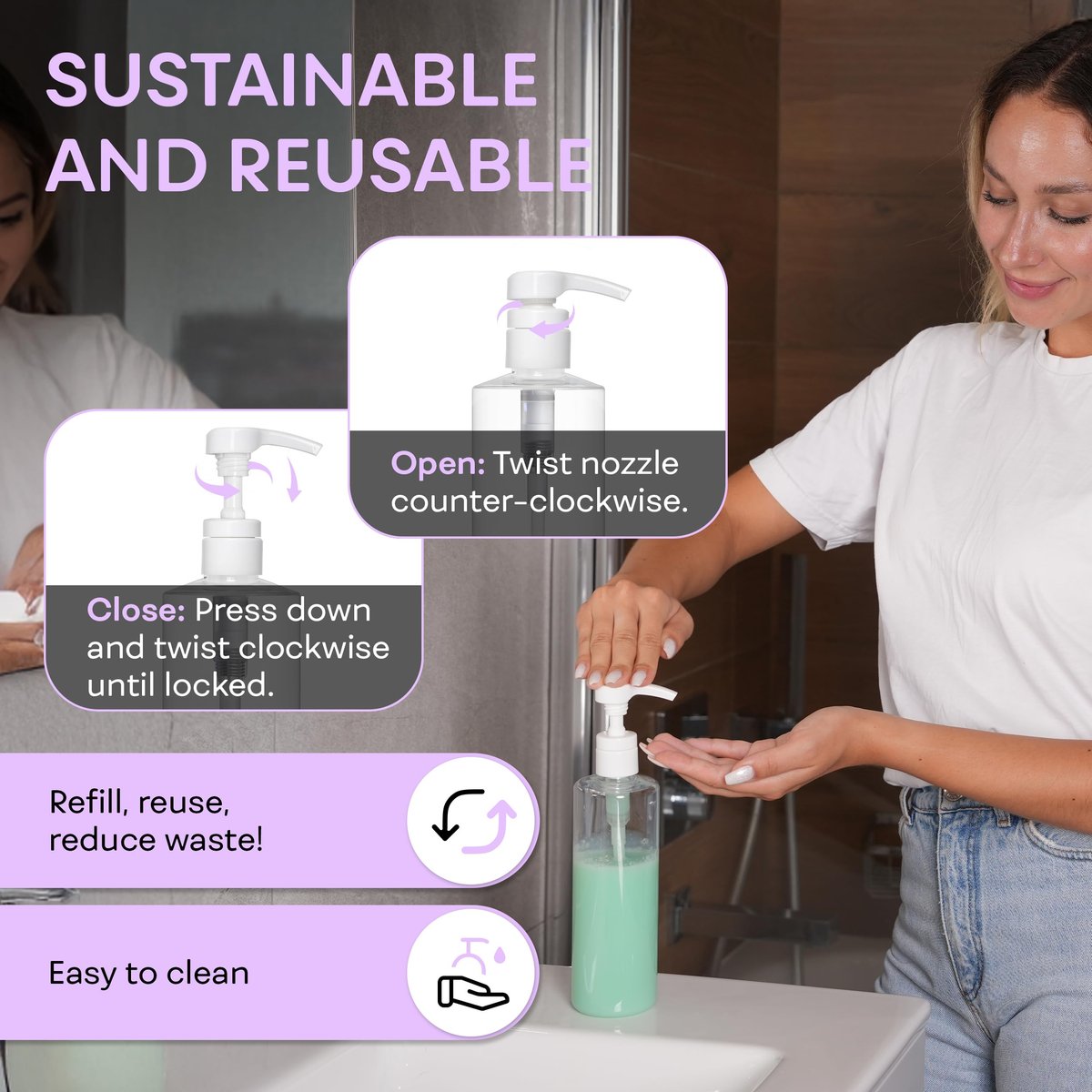 BRIGHTFROM Empty Lotion Pump Bottles 16 OZ, BPA-Free Refillable Containers, Plastic PET, 2 Pack (White Pump) - görsel 13