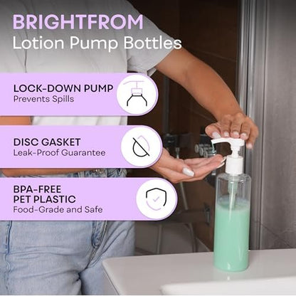 BRIGHTFROM Empty Lotion Pump Bottles 16 OZ, BPA-Free Refillable Containers, Plastic PET, 2 Pack (White Pump)