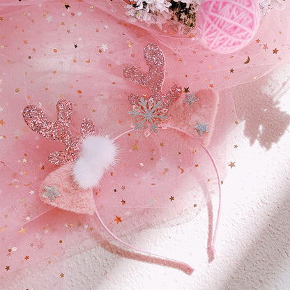 DIUEWOW Reindeer Antlers Headband - Pink Glitter Snowflake Deer Horn Hair Hoop for Women & Girls