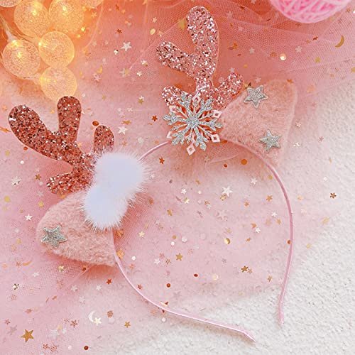 DIUEWOW Reindeer Antlers Headband - Pink Glitter Snowflake Deer Horn Hair Hoop for Women & Girls - görsel 2
