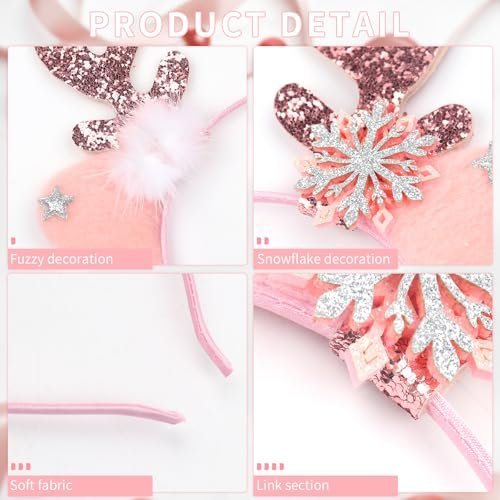 DIUEWOW Reindeer Antlers Headband - Pink Glitter Snowflake Deer Horn Hair Hoop for Women & Girls - görsel 10