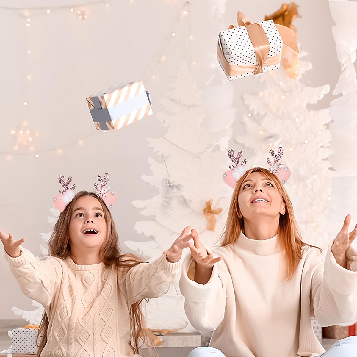 DIUEWOW Reindeer Antlers Headband - Pink Glitter Snowflake Deer Horn Hair Hoop for Women & Girls - görsel 3