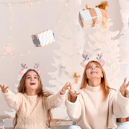 DIUEWOW Reindeer Antlers Headband - Pink Glitter Snowflake Deer Horn Hair Hoop for Women & Girls