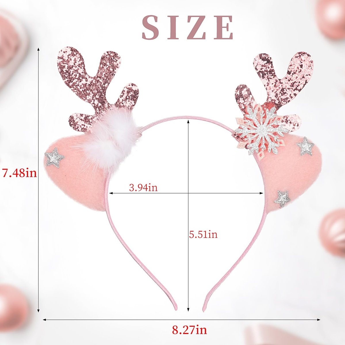 DIUEWOW Reindeer Antlers Headband - Pink Glitter Snowflake Deer Horn Hair Hoop for Women & Girls - görsel 11