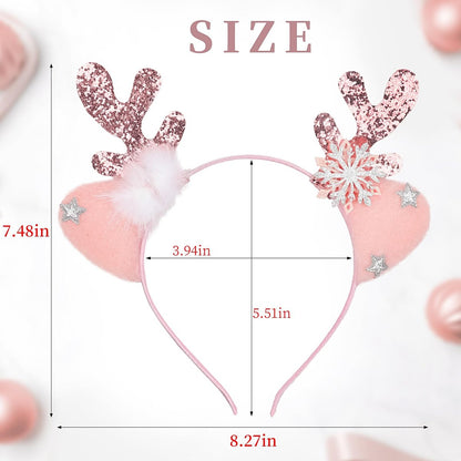 DIUEWOW Reindeer Antlers Headband - Pink Glitter Snowflake Deer Horn Hair Hoop for Women & Girls