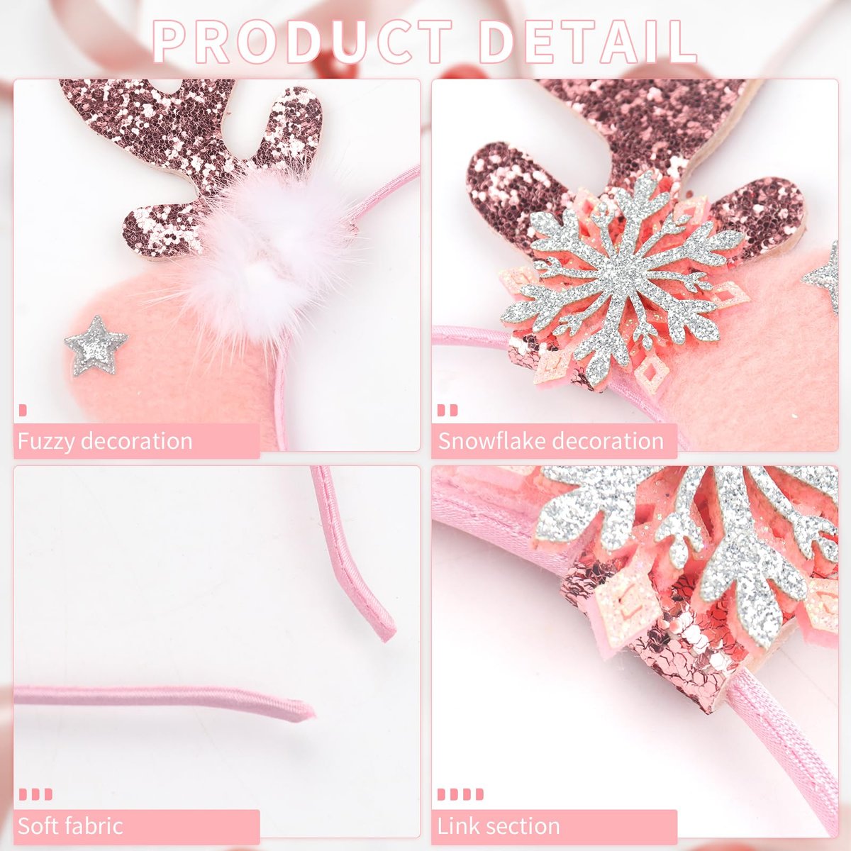 DIUEWOW Reindeer Antlers Headband - Pink Glitter Snowflake Deer Horn Hair Hoop for Women & Girls - görsel 9