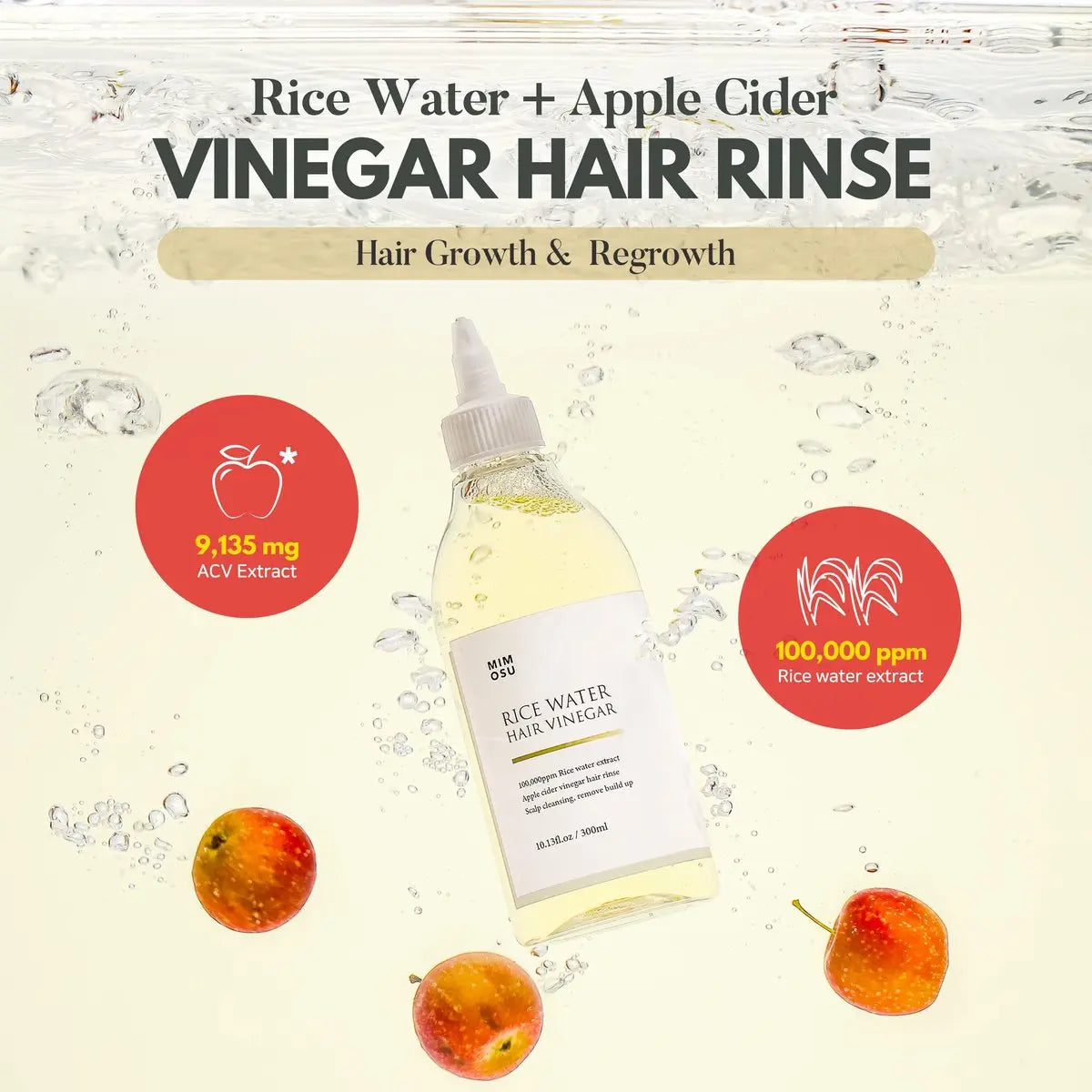 mimosu Apple Cider Vinegar Hair Rinse with Rice Water – Gentle Scalp Cleanser & Dandruff Treatment for Hair Growth, 10.13 fl oz Avelisse