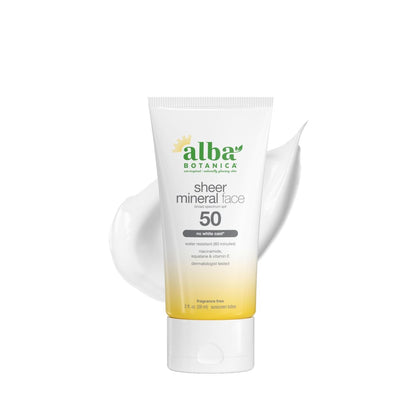 Alba Botanica Fragrance-Free Sheer Mineral Face Sunscreen Lotion, Broad Spectrum SPF 50, Water Resistant & Biodegradable, 2 fl. oz.