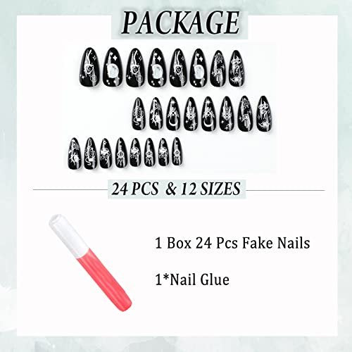 IMSOHOT Almond Press on Nails Medium Stiletto Black Fake Nails with Nail Glue Moon Star False Nails 24Pcs Full Cover Acrylic Nails - görsel 8