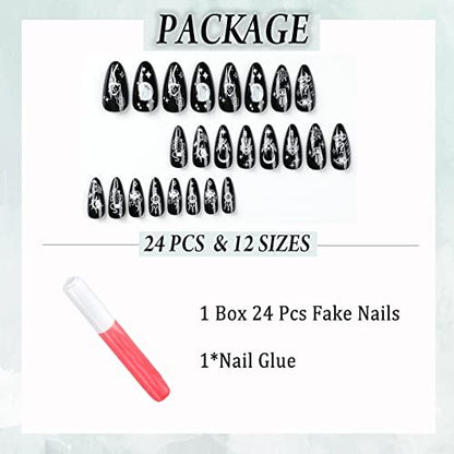 IMSOHOT Almond Press on Nails Medium Stiletto Black Fake Nails with Nail Glue Moon Star False Nails 24Pcs Full Cover Acrylic Nails