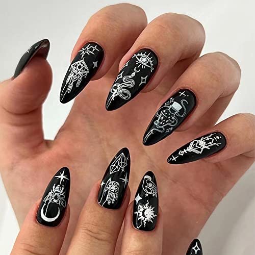 IMSOHOT Almond Press on Nails Medium Stiletto Black Fake Nails with Nail Glue Moon Star False Nails 24Pcs Full Cover Acrylic Nails - görsel 2