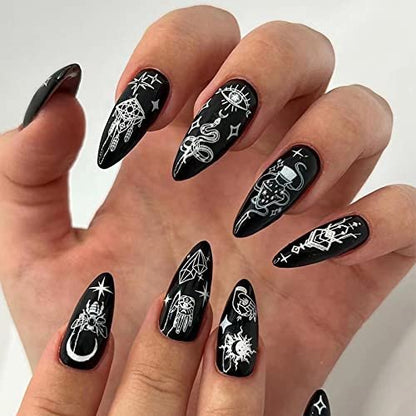 IMSOHOT Almond Press on Nails Medium Stiletto Black Fake Nails with Nail Glue Moon Star False Nails 24Pcs Full Cover Acrylic Nails